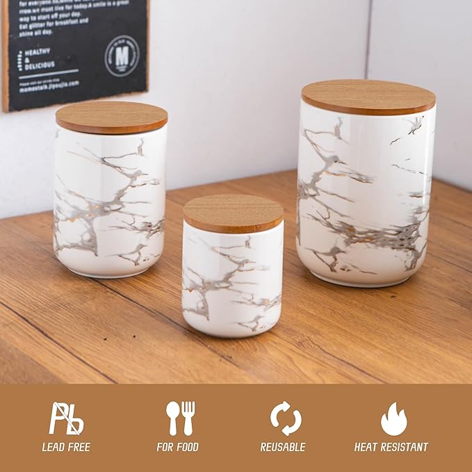 White Ceramic Canister Set with Wooden Lid, 3-Piece Food Storage Jars for Kitchen Counter, Storage Container for Sugar, Coffee, Tea, Spice-Ruum Studio Home
