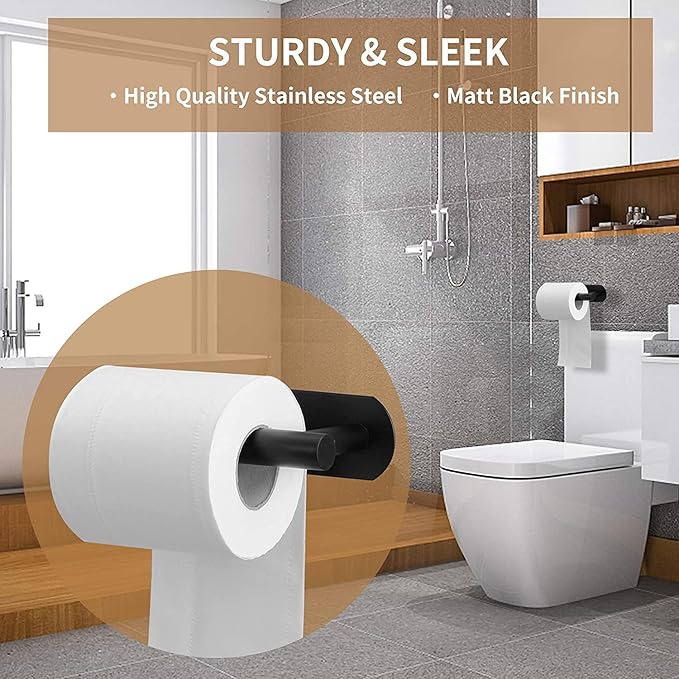 Toilet Paper Holder,Matt Black, Wall Mount,Upgraded Adhesive Toilet Paper Roll Holder,no Drilling,Bathroom/Rv/Washroom, SUS 304 Stainless Steel, Rustproof (Black, 2 Pieces)-Ruum Studio Home