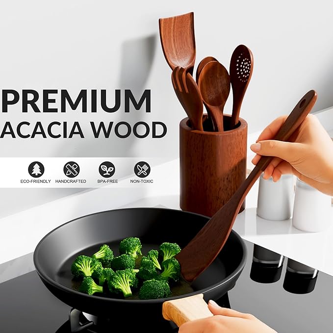 6-Piece Acacia Wood Cooking Utensil Set – Wooden Kitchen Pan Toolset for Nonstick Cookware – Includes Spoons & Spatulas – Non-Scratch, Eco-Friendly Cooking Tools – Everyday Use - Lifetime Replacements-Ruum Studio Home