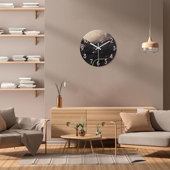 Black and Gold Wall Clocks Battery Operated 14 Inch Wall Clock Silent Non Ticking Glass Decorative Wall Clock for Office