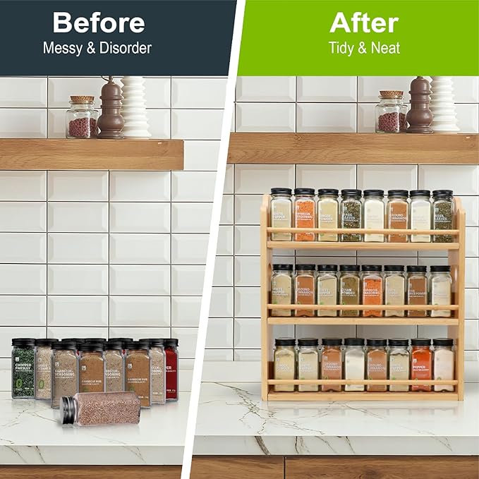 3 Tier Bamboo Spice Rack, Spice Rack Organizer, Seasoning Jars Rack Shelf Spice Organizer for Kitchen Counter or Wall Mounting, Bamboo Spice Storage Holder with handles Easy to Move-Ruum Studio Home