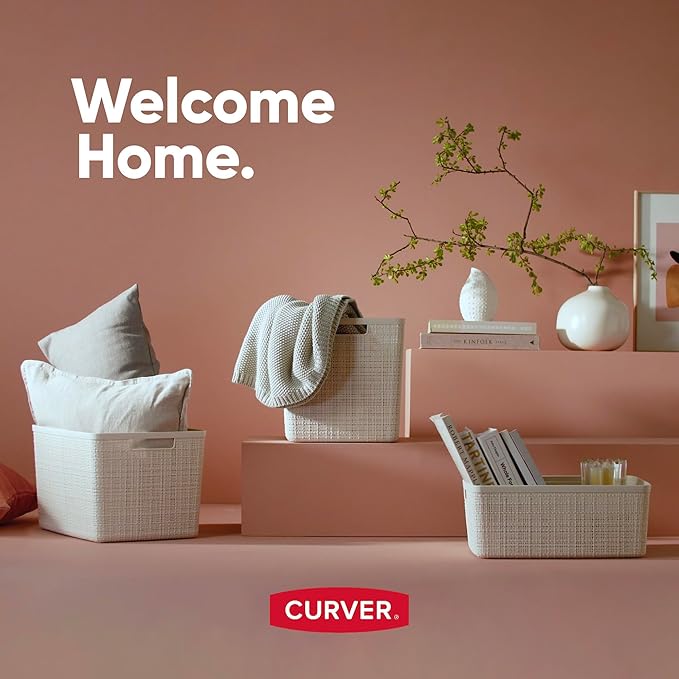 Curver Jute Decorative Plastic Organization and Storage Basket Perfect Bins for Home Office, Closet Shelves, Kitchen Pantry and All Bedroom Essentials, (Set of 6), Grey, Medium-Ruum Studio Home