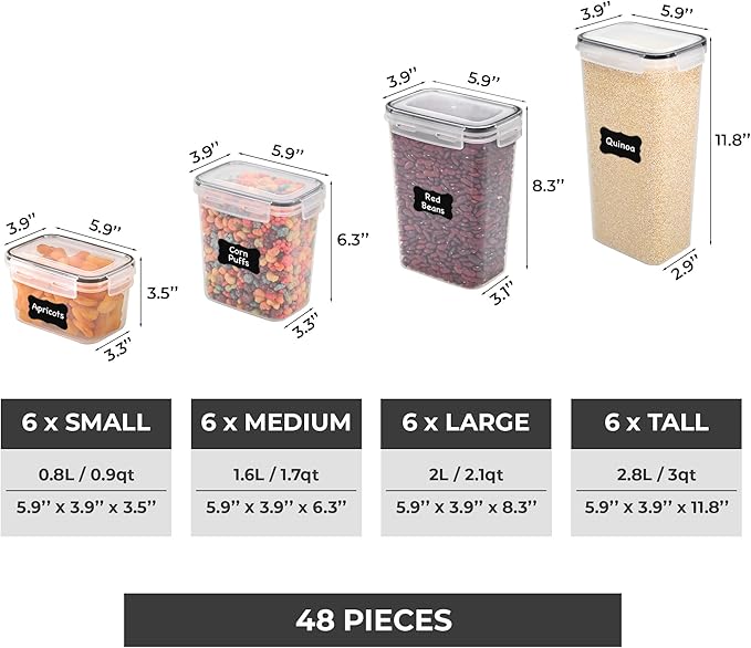 Freshware Kitchen Storage Containers with Lids, 48 PCS Airtight Food Storage Containers, Plastic Kitchen Containers, Pantry Containers for Cereal, Dry Food, Includes Labels, Marker & Measuring Spoons-Ruum Studio Home