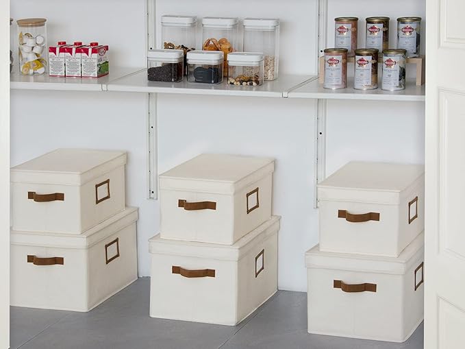 StorageWorks Storage Bins with Lids, Decorative Storage Boxes with Lid and PU Handles, Foldable Storage Baskets for Closet, Shelves, Stackable, Ivory, Jumbo, 3-Pack-Ruum Studio Home