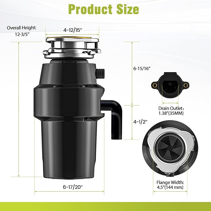 DC Garbage Disposal 3/4 HP Quiet (60dB) with Cord & Dishwasher Hookup for Kitchen Sink Food Waste, 6-Stage Grinding, 3-Bolt, 2700RPM, Continuous Feed, Titanium Stainless Steel, 10-Year Warranty-Ruum Studio Home