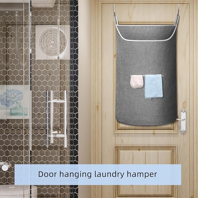 X-Large Hanging Laundry Hamper Bag, Door Hanging Hamper with Front Pocket Dirty Clothes Hanging Laundry Bag Large Size 35X22 inch Door Laundry Basket (Grey)-Ruum Studio Home