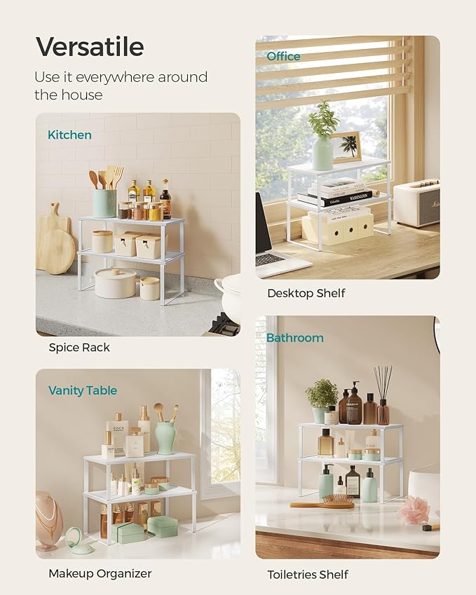 SONGMICS Cabinet Organizer Shelf, Set of 2 Kitchen Counter Shelves, Kitchen Storage, Spice Rack, Stackable, Expandable, Metal and Engineered Wood, Cloud White and Snow White UKCS025W01-Ruum Studio Home