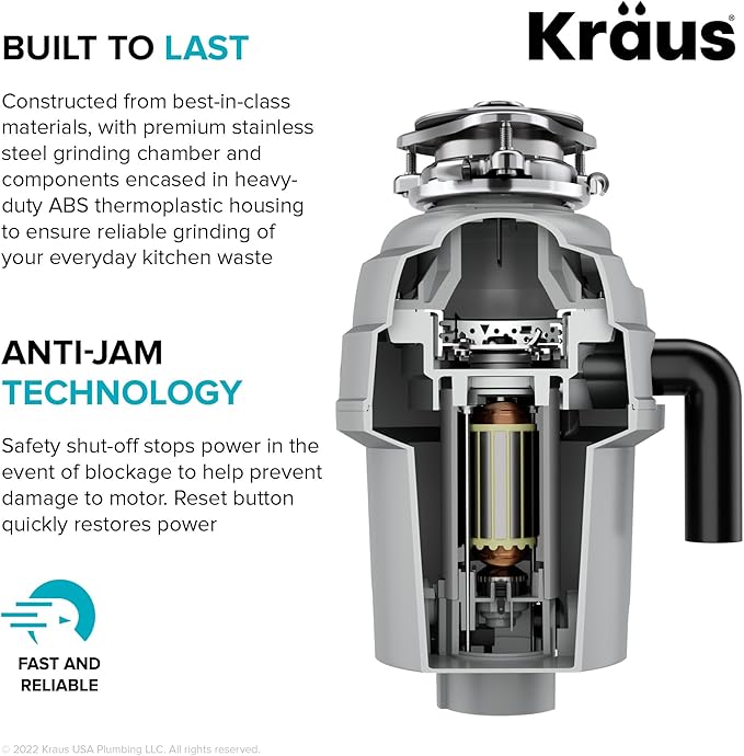 KRAUS WasteGuard High-Speed 1 HP Continuous Feed Ultra-Quiet Motor Garbage Disposal with Power Cord and Flange Included and Universal Mount, KWD200-100MGR-Ruum Studio Home