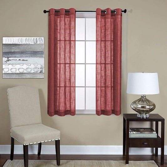 MIUCO Semi Sheer Curtains Poly Linen Textured Solid Grommet Curtains 63 Inches Long for Living Room 2 Panels (2 x 37 Wide x 63" Long) Burgundy-Ruum Studio Home
