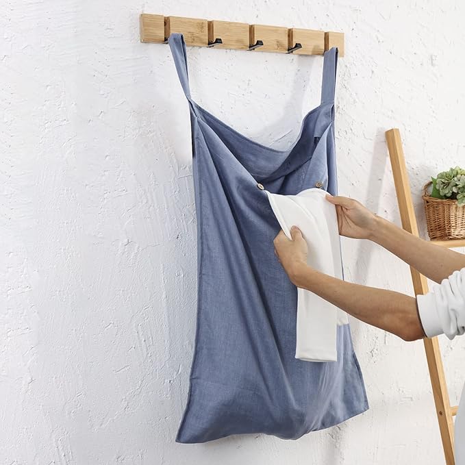 Linen Hanging Laundry Bag, 100% Linen Over The Door Laundry Hamper with Buttons and Zipper, Space Saving Door Hampers for Laundry Dirty Clothes Home Travel, Blue-Ruum Studio Home