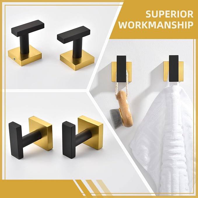 Angle Simple Bathroom Towel Hook 2 Pack, SUS 304 Stainless Steel Bath Robe Coat Holder Wall Mounted, Black & Gold-Ruum Studio Home