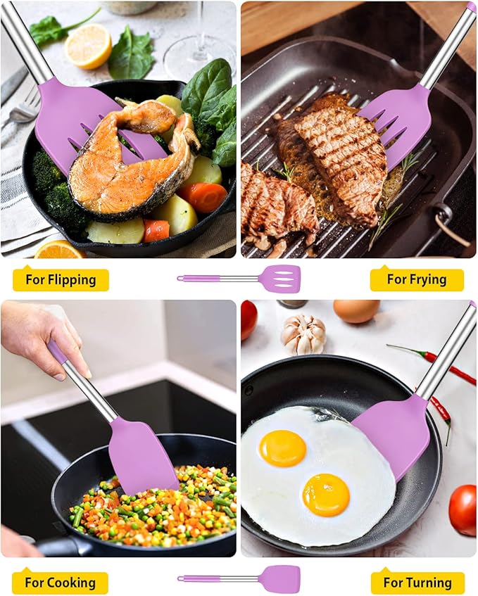 Pack of 2 Silicone Solid Turner, Non Stick Slotted Kitchen Spatulas, High Heat Resistant BPA Free Cooking Utensils, Ideal Cookware for Fish, Eggs, Pancakes(Purple)-Ruum Studio Home