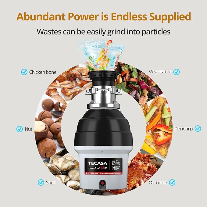3/4 HP Batch Feed Garbage Disposal, TECASA Stainless Steel Food Waste Grinding System for Kitchen Sink Food Waste, Power Cord Included, Sound Reduction, Grey and Black - HyperCrush 75 BF-Ruum Studio Home