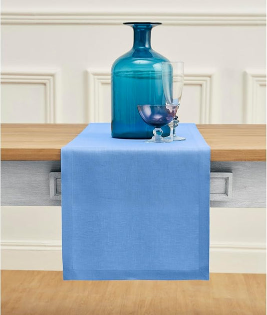 Solino Home Linen Table Runner 60 Inches - 100% Pure Linen Provence Blue Table Runner 14 x 60 Inch Ideal for Dresser and Coffee Tables - Fete-Ruum Studio Home
