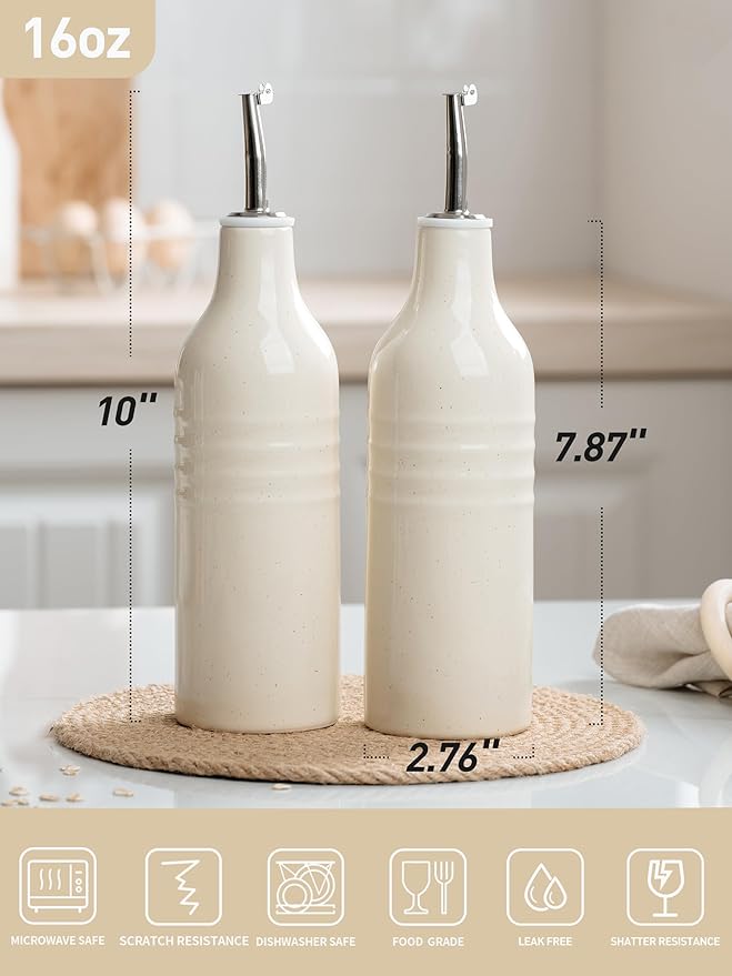 famiware Jupiter 16oz Ceramic Olive Oil Dispenser Bottle, Olive Oil and Vinegar Dispenser Bottle Set of 2 with Stainless Steel Pourers, Suitable for Storage Vinegar, Liquids, Vanilla White-Ruum Studio Home