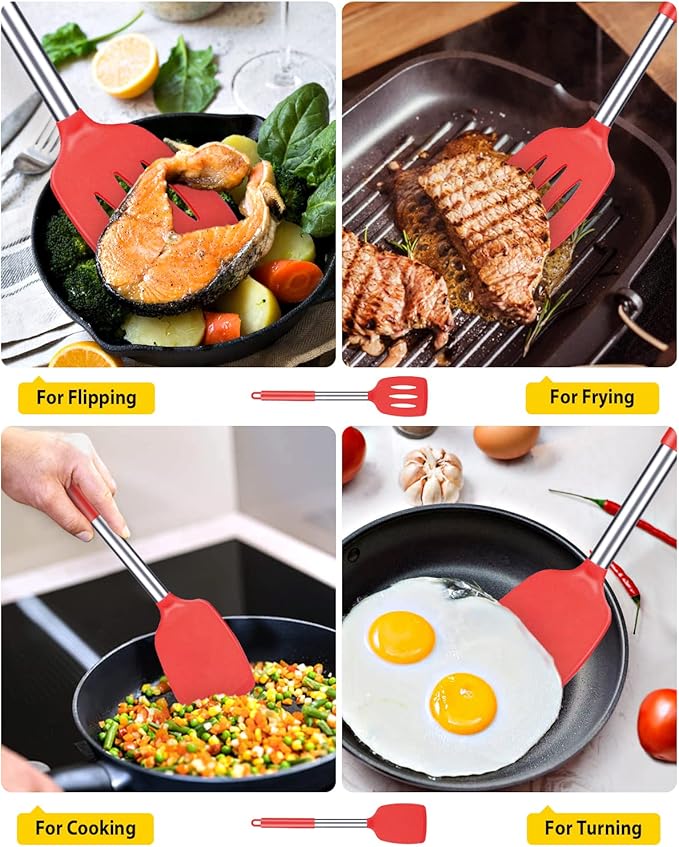 Pack of 2 Silicone Solid Turner, Non Stick Slotted Kitchen Spatulas, High Heat Resistant BPA Free Cooking Utensils, Ideal Cookware for Fish, Eggs, Pancakes(Red)-Ruum Studio Home