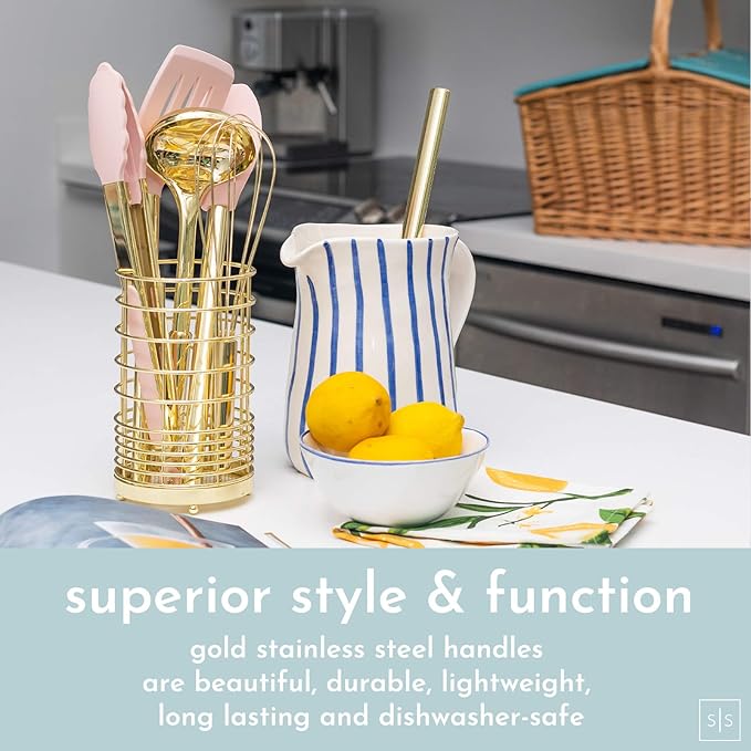 Gold and Pink Kitchen Utensil Set with Holder - 7-Piece Cooking Tools with Gold Whisk, Ladle, Tongs, Turner, Spatula, and Spoon - Stylish Pink Kitchen Accessories for Modern Cooking & Serving-Ruum Studio Home