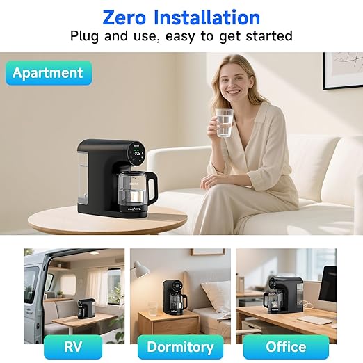 Ecoviva Countertop Reverse Osmosis Water Filter, 6 Stage RO Water Filtration System with Glass Carafe, TDS Displayr, 3:1 Pure to Drain, Portable No Installation Water Purifier Black-Ruum Studio Home