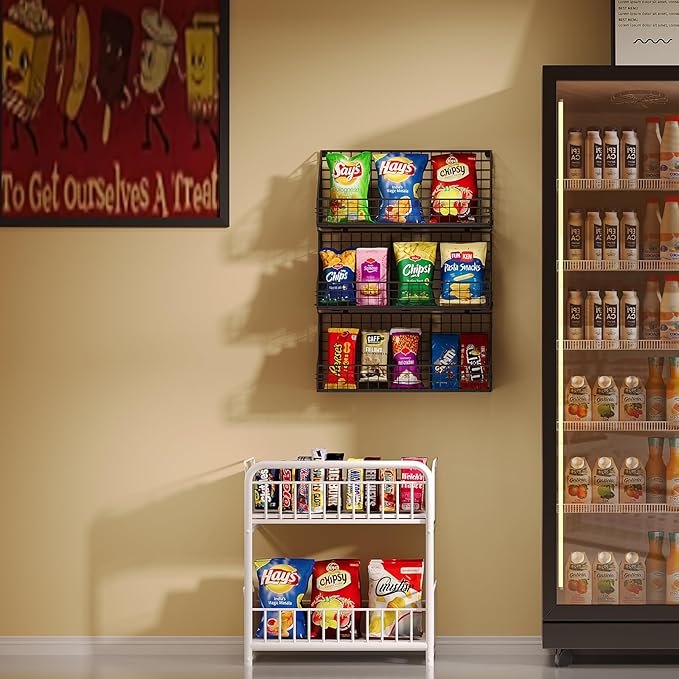 X-cosrack 3 Tier Large Stackable Snack Organizer - Versatile Wall Mounted Wire Storage Basket with Divider for Candy Chip Cans Bars - Ideal for Pantry Office Home-Ruum Studio Home