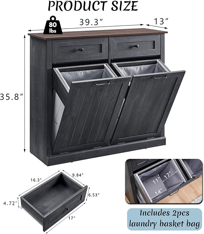Double Tilt Out Laundry Hamper Cabinet, 20 Gallon Farmhouse Trash Can Cabinet with Drawer, Hidden Wood Garbage Can Bin Cabinet with Laundry Storage Basket for Bathroom, Kitchen, Dark Grey-Ruum Studio Home