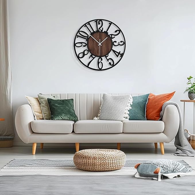 Maxstar Large Round Wall Clock for Living Room Decor Battery Operated Non Ticking Black Metal Wood Clocks for Home Living Room Garden Farmhouse Office Kitchen Decoration -24 inch