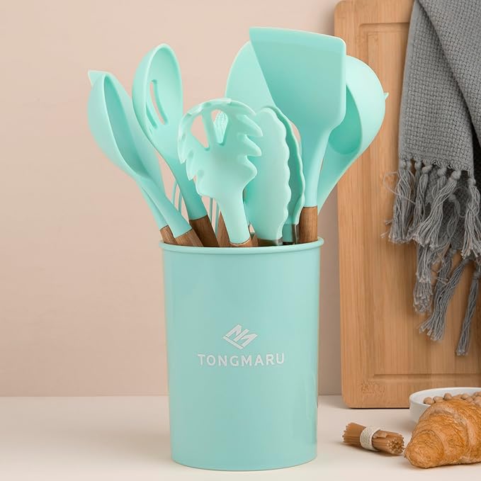 Silicone Cooking Utensils Set, Premium Beech Wood Handle Kitchen Gadgets Utensil Set, Non-Stick Kitchen Utensils Spatula, Tongs, Turner, Whisk, Brush, Spoon, BPA FREE, 446°F Resistant (Mint)-Ruum Studio Home