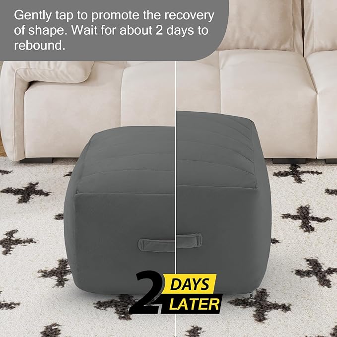 MeMoreCool Square Stuffed Pouf Ottoman Foot Rest, Floor Pouf Foot Stool with Foam Chunk Filling, Soft Stuffed Ottoman Footrest for Living Room, Dark Grey-Ruum Studio Home