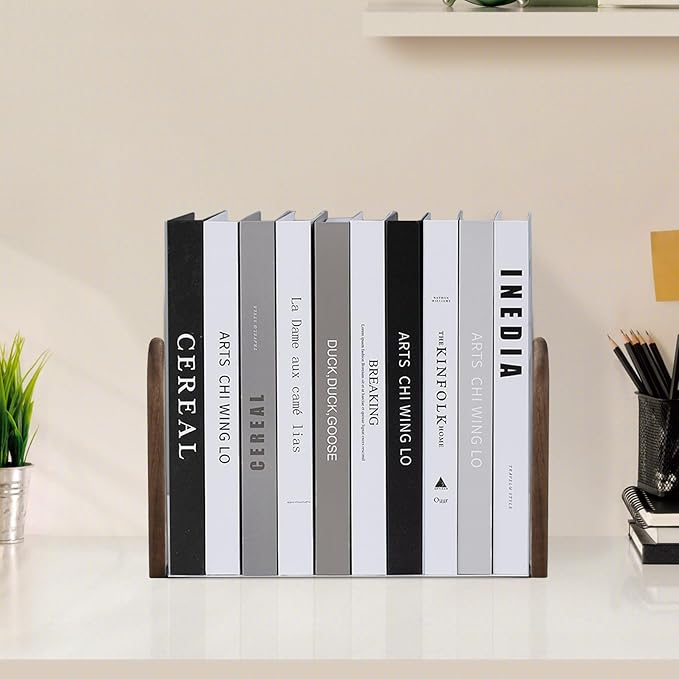 Book Ends, Sturdy Wooden Bookends for Shelves - Heavy Duty Non-Slip Book Organizers, Decorative Bookend Holders for Home Office, Library, Black Walnut Universal Economy Bookend, Medium, 1 Pair-Ruum Studio Home