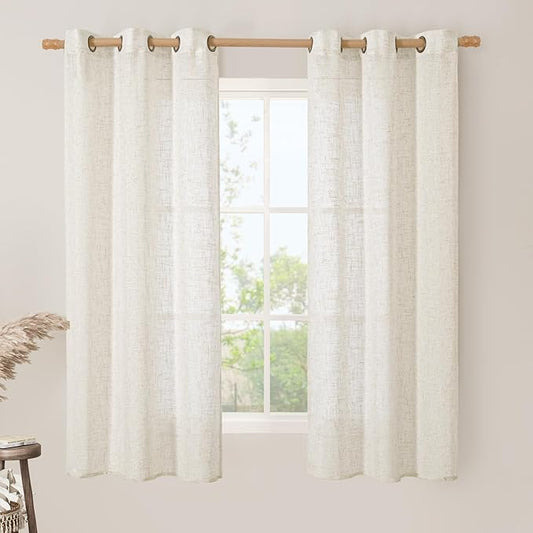LAMIT Sheer Linen Curtains 63 inches Length, Light Filtering Panels Bronze Grommet Linen Textured Neutral Drapes for Kitchen/Bedroom, Natural, 2 Panels, 34 x 63 Inch-Ruum Studio Home