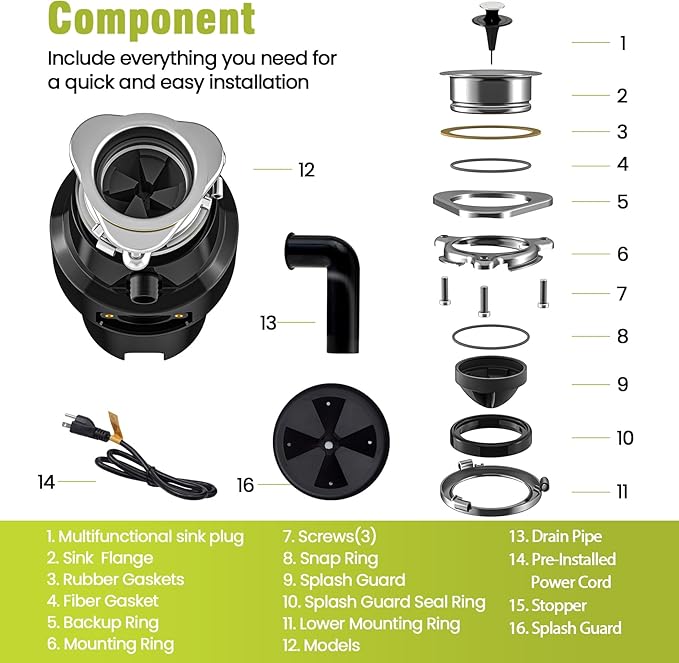 DC Garbage Disposal 3/4 HP Quiet (60dB) with Cord & Dishwasher Hookup for Kitchen Sink Food Waste, 6-Stage Grinding, 3-Bolt, 2700RPM, Continuous Feed, Titanium Stainless Steel, 10-Year Warranty-Ruum Studio Home