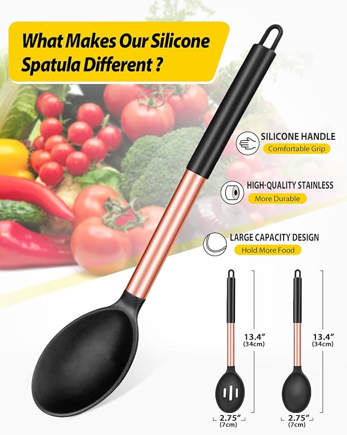 Pack of 2 Large Silicone Cooking Spoons,Non Stick Solid Basting Spoon,Heat-Resistant Kitchen Utensils for Mixing,Serving,Draining,Stirring (ROSE GOLD BLACK)-Ruum Studio Home