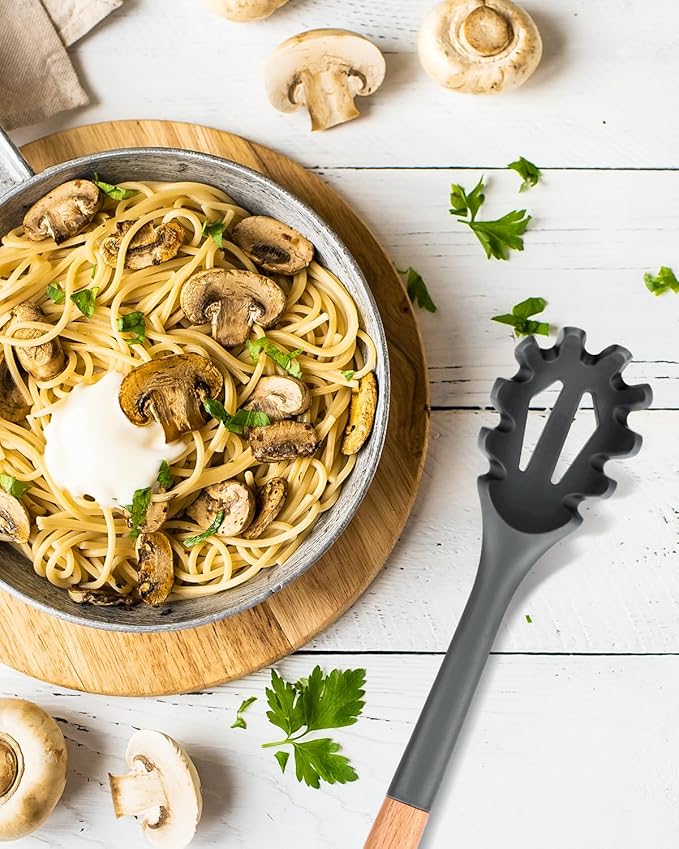 Silicone Pasta Fork, Kitchen Heat Resistant Noodle Spoon Server, BPA Free Spaghetti Strainer,12.8 inch (Grey)-Ruum Studio Home