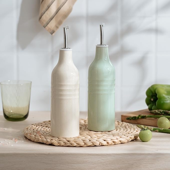 famiware Jupiter 16oz Ceramic Olive Oil Dispenser Bottle, Olive Oil and Vinegar Dispenser Bottle Set of 2 with Stainless Steel Pourers, Suitable for Storage Vinegar, Vanilla White & Light Green-Ruum Studio Home