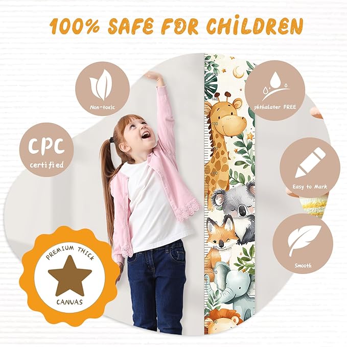 Personalized Name Growth Chart Wall Decor for Kids – Canvas Removable Height Chart Measuring Ruler 59" x 7.9" (Cute Animals)-Ruum Studio Home