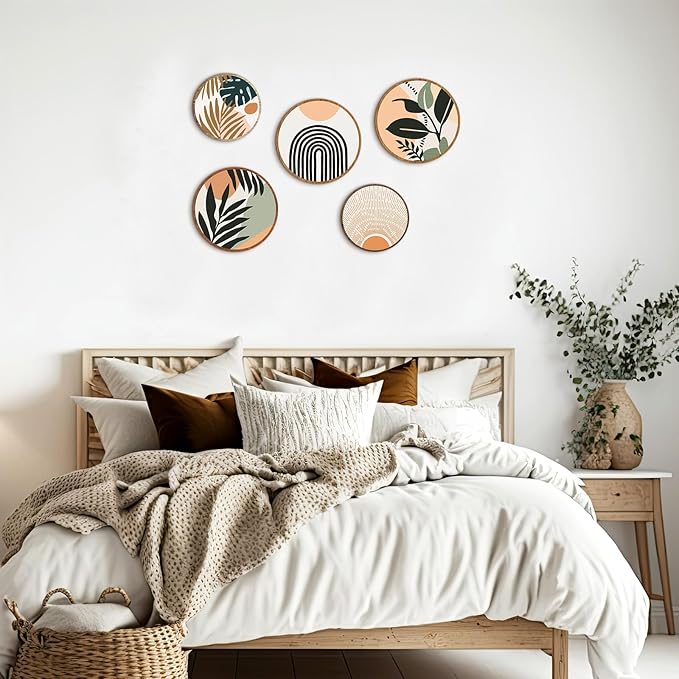 Qunclay 5 Pcs Wall Art Decor Wooden Living Room Wall Decor Bohemian Hanging Farmhouse Geometric 10'' and 8'' Aesthetic Wood Minimalist Posters for Bedroom(Boho, Leaf)-Ruum Studio Home