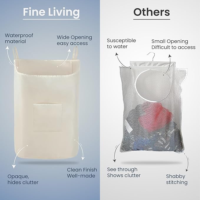 The Fine Living Co. Hanging Laundry Hamper with Over Door Hooks & Adhesive, Durable Space Saving Laundry Bag with Zipper and Wide Open Top, Hanging Dorm Laundry Hamper 18"x4.75"x28" (Beige-L)-Ruum Studio Home