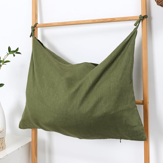 Hanging Linen Laundry Bag, 100% Pure Flax Linen Over The Door Hamper with Bottom Zipper for Laundry Room, Household Dirty Cloth Storage Organizer Bag, Army Green-Ruum Studio Home