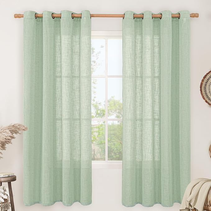 LAMIT Fresh Green Linen Curtains 72 Inch Length for Living Room, Soft Thick Linen Textured Window Drapes Semi Sheer Light Filtering Bronze Grommet Panels Rustic Country Decor, 2 Panels, 52 x 72 Inch-Ruum Studio Home