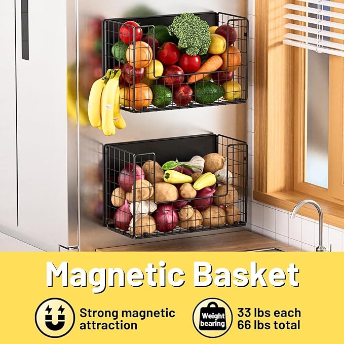 2 Set Magnetic Shelf for Fridge, Fruit Potato & Onion Storage Bins, Pantry Organizers & Storage, Large Container Magnetic Basket for Refrigerator, Kitchen Counter, Cabinet, Magnetic Fridge Organizer-Ruum Studio Home