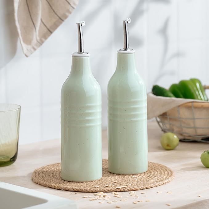 famiware Jupiter 16oz Ceramic Olive Oil Dispenser Bottle, Olive Oil and Vinegar Dispenser Bottle Set of 2 with Stainless Steel Pourers, Suitable for Storage Vinegar, Liquids, Light Green-Ruum Studio Home