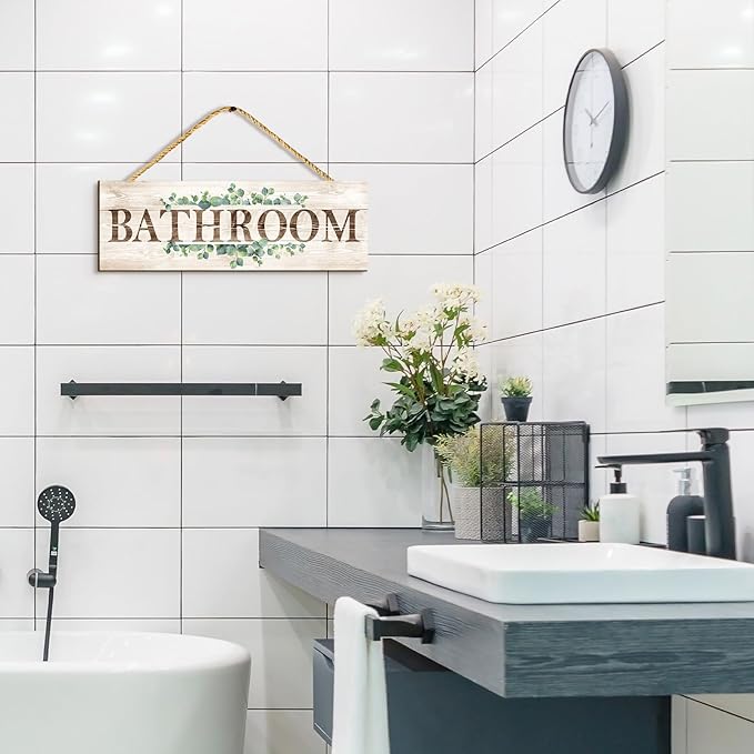 Bathroom Kitchen Laundry Pantry Sign Wall Decor 4 Piece, Wall Art with Plant Print, Rustic Farmhouse Wall Hanging Plaque Home Kitchen Decorative Bathroom, 4.7 x 13.7 inches-Ruum Studio Home