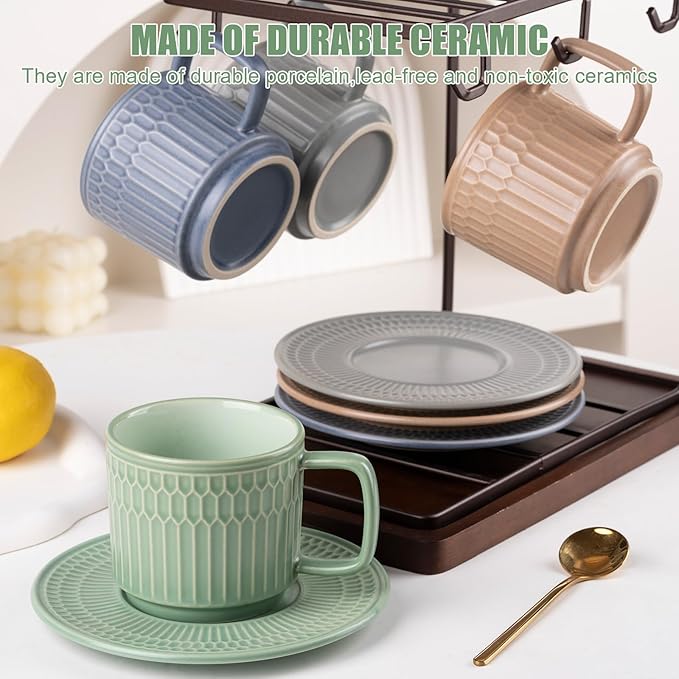 Large Cappuccino Cups with Saucers Set of 4, 8 Ounce Stackable Embossed Ceramic Coffee Mugs for Specialty Coffee Drinks, Latte, Cafe Mocha and Tea, Dishwasher & Microwave Safe (Mix)-Ruum Studio Home