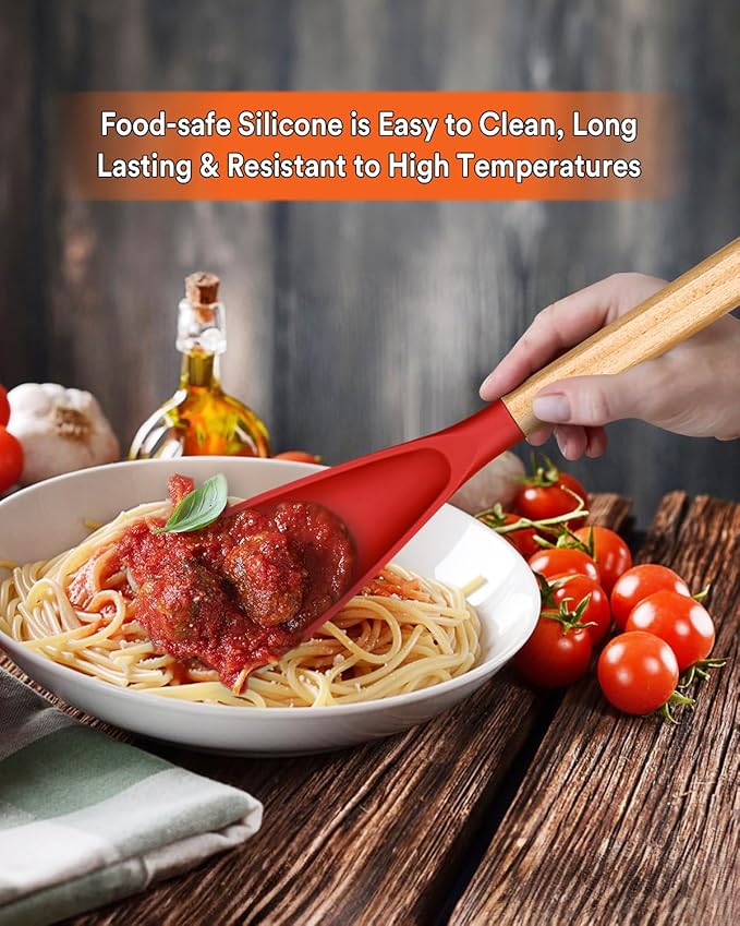 Multifunction Spatula Spoon for Nonstick Cookwares, Great for Cooking and Serving, Sturdy BPA-Free Matte Silicone, Wood Handle Spatula for Mixing, Scoop, and Scrape, Red(2 pack,11.4" & 13.4")-Ruum Studio Home