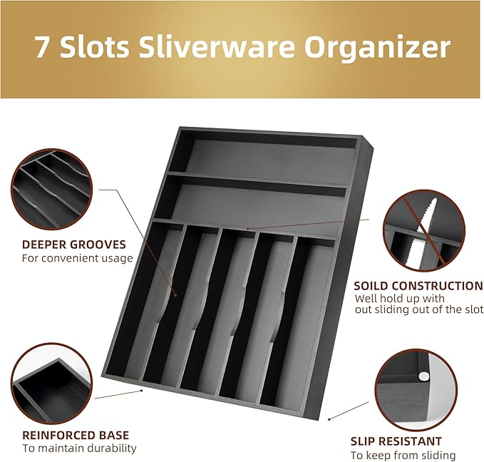 Silverware Organizer Kitchen Drawer Organizer Utensil Organizer Bamboo Silverware Holder Cutlery Organizer in Drawer Flatware Organizer Tray(7 slots, Black-Ruum Studio Home