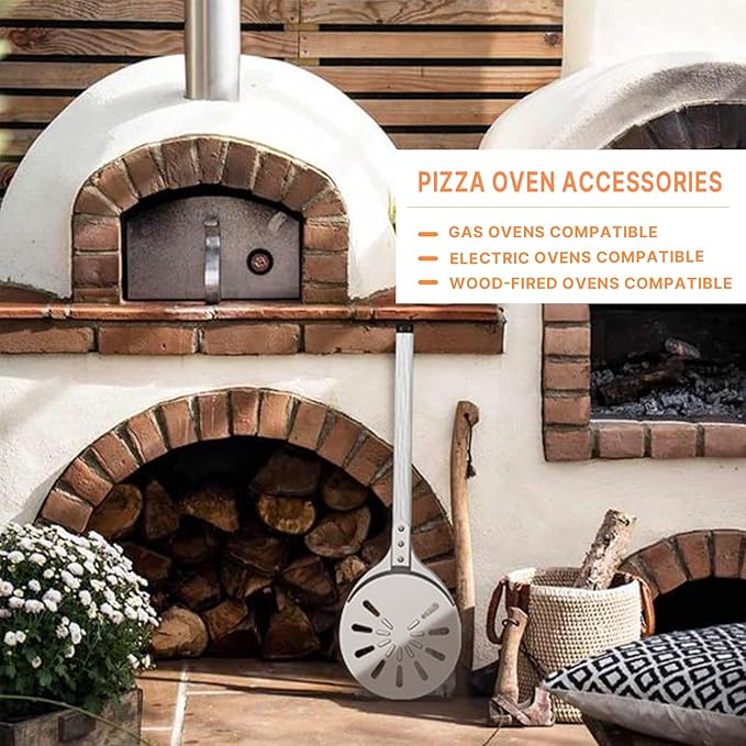 Pizza Turning Peel, 8-inch Pizza Peel Turner Spinner, Long Handle Perforated Aluminum Pizza Peel with Silicone Hook, Pizza Oven Accessories-Ruum Studio Home