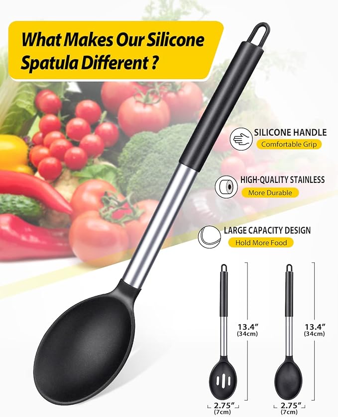 Pack of 2 Large Silicone Cooking Spoons,Non Stick Solid Basting Spoon,Heat-Resistant Kitchen Utensils for Mixing,Serving,Draining,Stirring (BLACK)-Ruum Studio Home