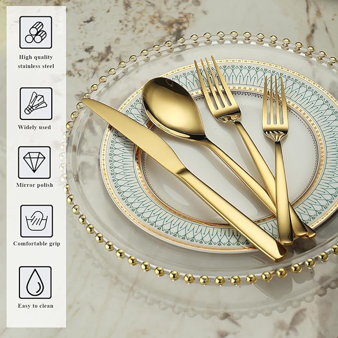 Berglander Gold Silverware Set 48pcs Service for 12, Golden Titanium Plating Stainless Steel Flatware Set, Gold Spoons Forks Knives Set for Home, Wedding, Restaurant, Hotel, Dishwasher Safe-Ruum Studio Home