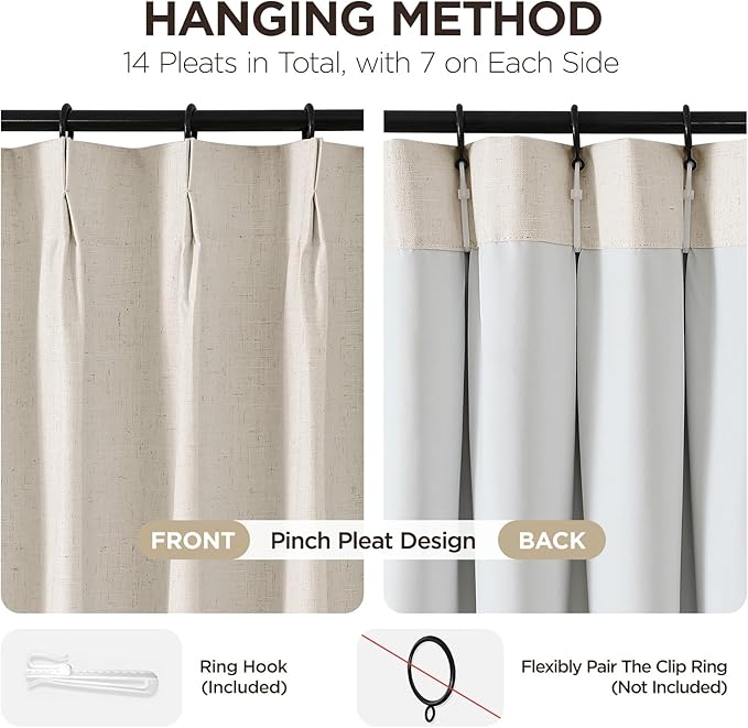 Joydeco Pinch Pleated Linen Curtains Darkening Drapes for Bedroom, 100% Blackout Drapes 96 inches Long 2 Panels Heat Blocking Curtains(Ecru,40'' Wx96'' L)-Ruum Studio Home