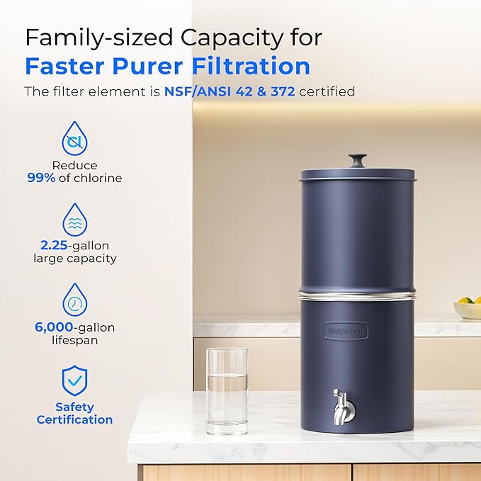 Waterdrop 2.25G Gravity Water Filter System, NSF/ANSI 42&371 Standard, Stainless Steel System with 2 Carbon Filters, Reduces 99% of Lead and Chlorine for Home, Camping, Emergencies, King Tank, Blue-Ruum Studio Home