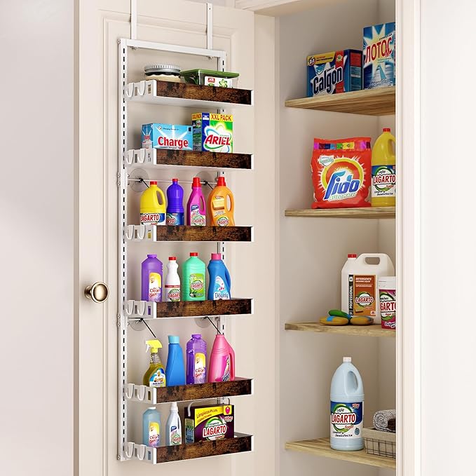bukfen Over the Door Pantry Organizer, 6-Tier Adjustable Wooden Basket Kitchen Pantry Door Organization and Storage, Heavy-Duty Metal Hanging Kitchen Spice Rack,D6.3 x W17.71 x H50.60 inch,White-Ruum Studio Home